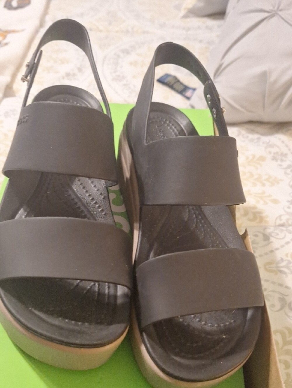 CROCS Brooklyn Women's Black Strappy Platform Sandal with Brown Sole - Picture 2 of 4
